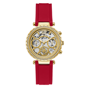 Guess Solstice Diamonds Gold Dial Red Rubber Strap Watch for Women - GW0484L1
