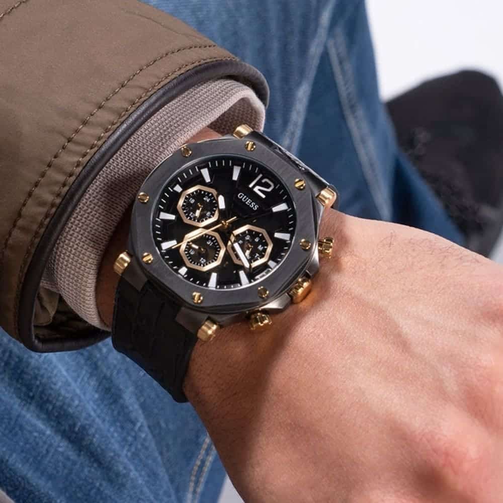 Guess Edge Chronograph Black Dial Black Leather Strap Watch For Men - GW0492G1