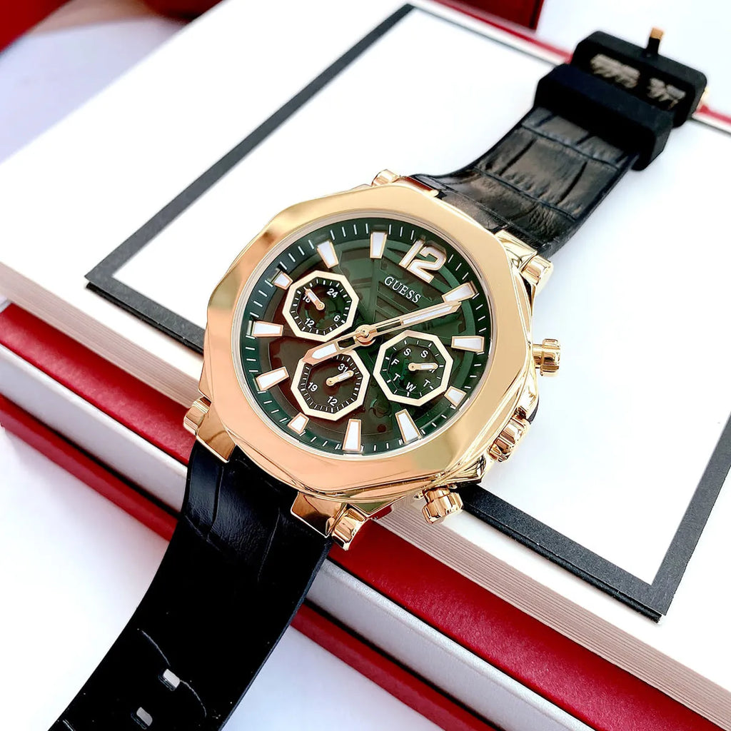Guess Edge Chronograph Green Dial Black Leather Strap Watch For Men - GW0492G3
