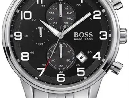 Hugo Boss Aeroliner Chronograph Black Dial Silver Steel Strap Watch For Men - 1512446