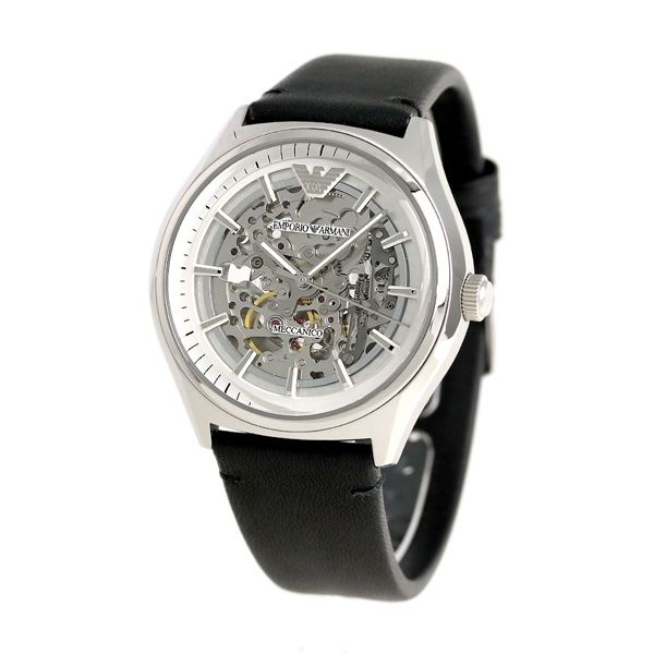 Emporio Armani Meccanico White Skeleton Dial Black Leather Strap Watch For Men - AR60003