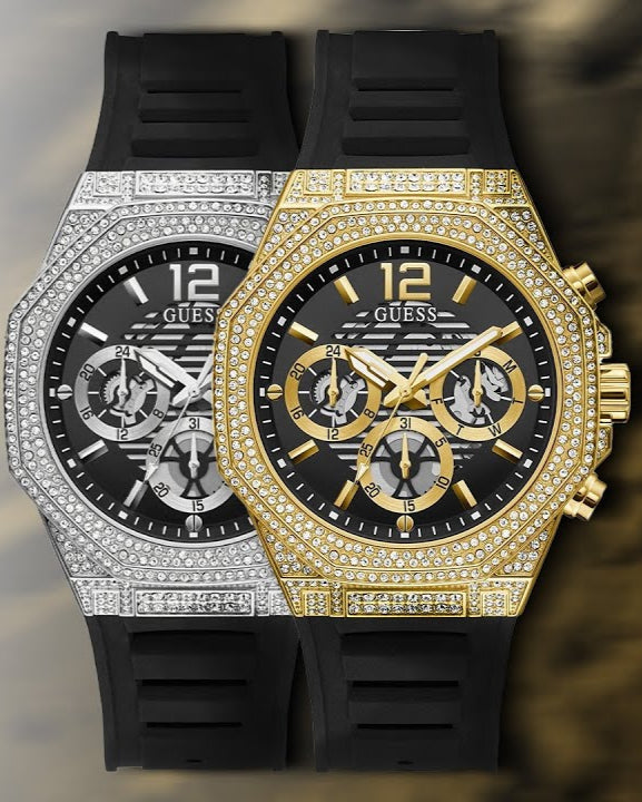 Guess Momentum Chronograph Diamonds Black Dial Black Silicone Strap Watch For Men - GW0518G2