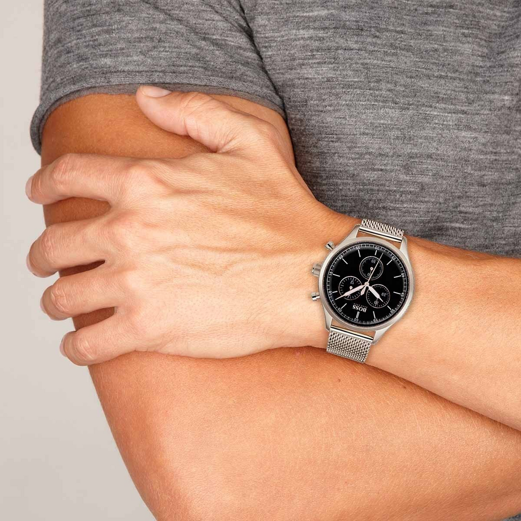 Hugo Boss Companion Chronograph Black Dial Rose Gold Steel Strap Watch For Men - 1513548