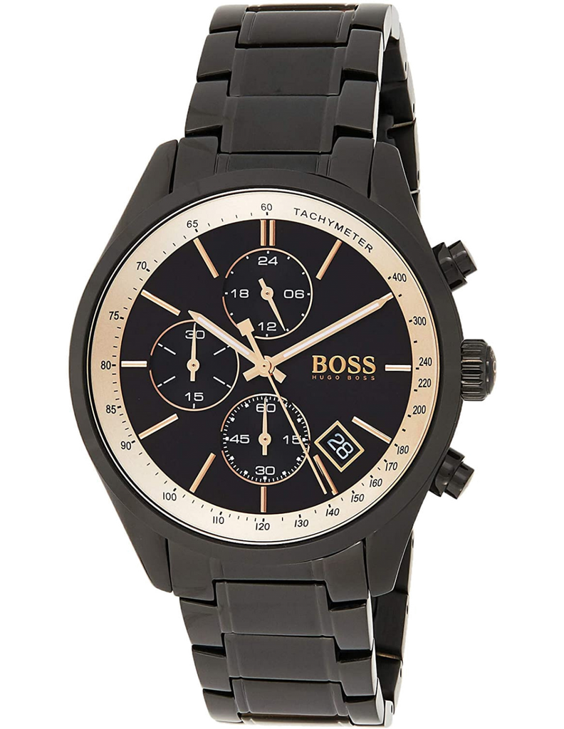 Hugo Boss Grand Prix Black Dial Black Steel Strap Watch for Men - 1513578