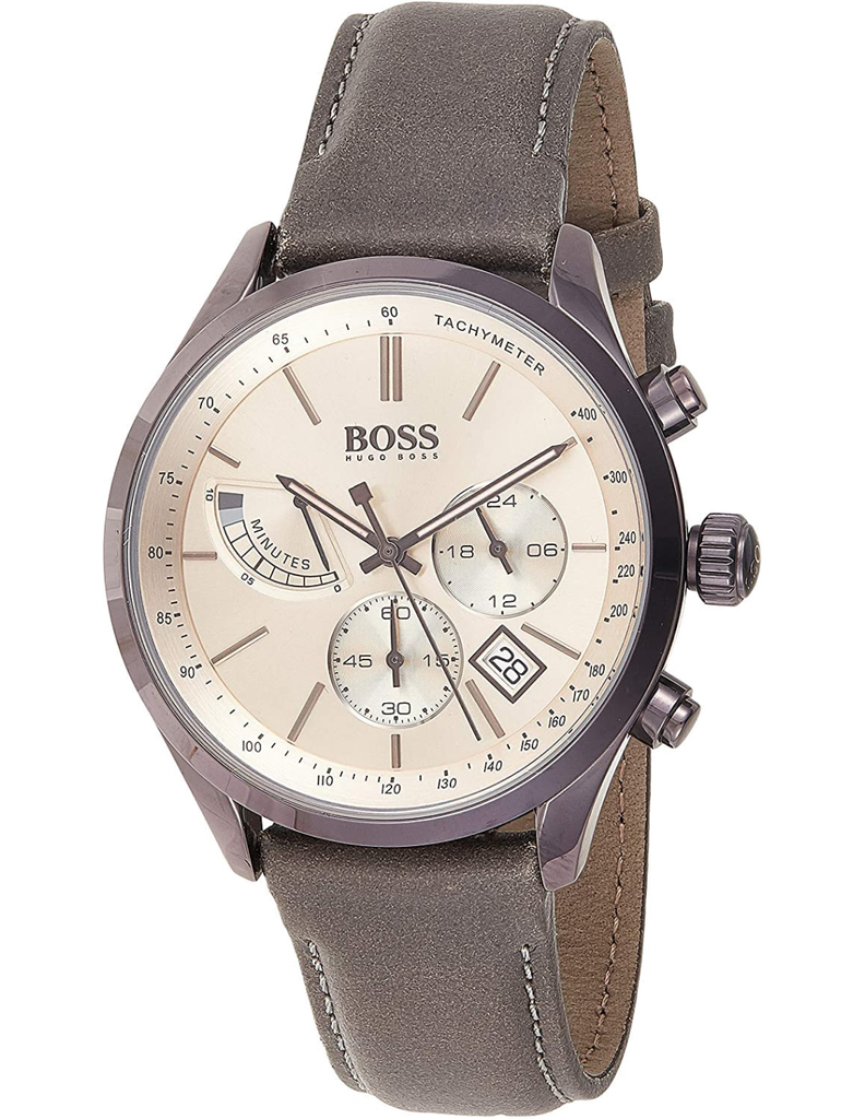 Hugo Boss Grand Prix Silver Dial Grey Leather Strap Watch for Men - 1513603