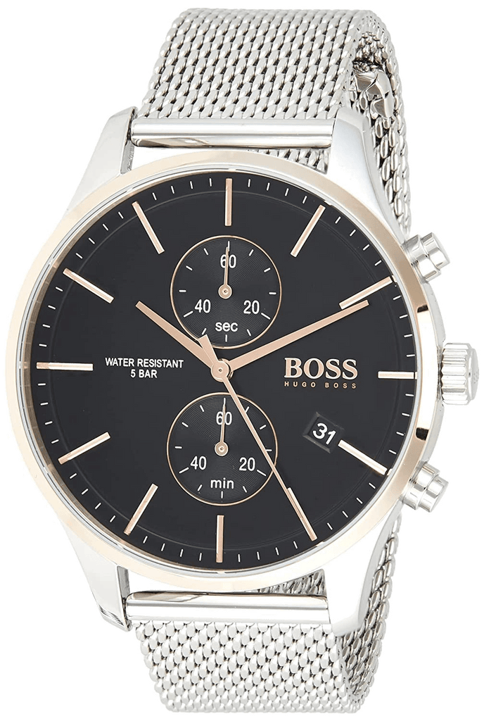 Hugo Boss Associate Black Dial Silver Mesh Bracelet Watch for Men - 1513805