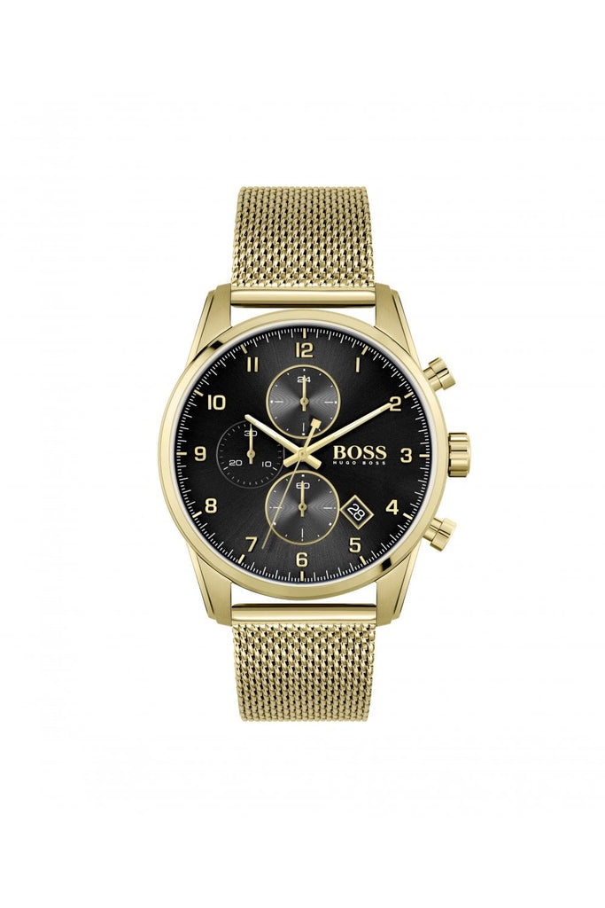 Hugo Boss Skymaster Black Dial Gold Mesh Bracelet Watch for Men - 1513838