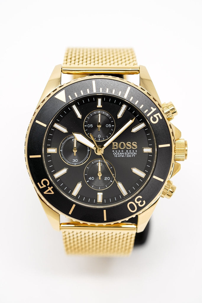 Hugo Boss Ocean Edition Black Dial Gold Mesh Bracelet Watch for Men - 1513703