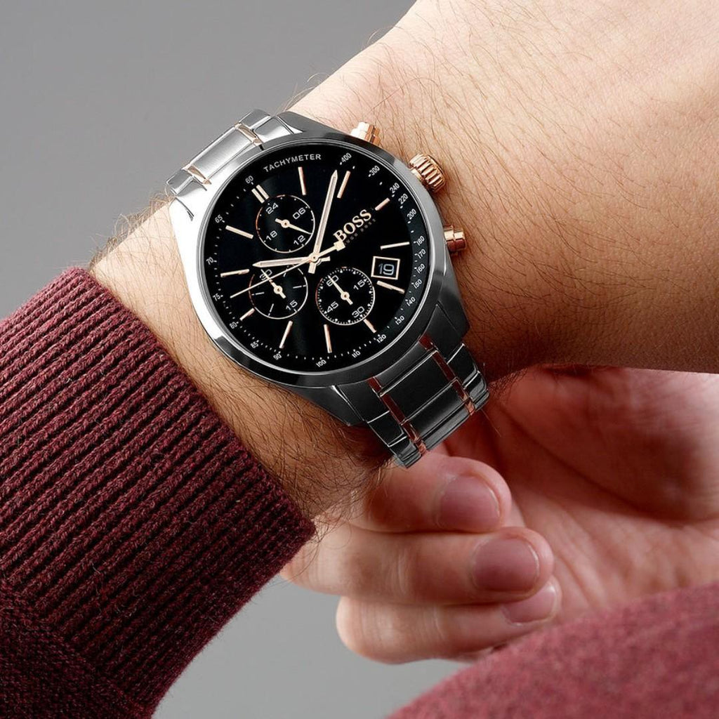 Hugo Boss Champion Chronograph Black Dial Two Tone Steel Strap Watch for Men - 1513819