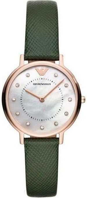 Emporio Armani Mother of Pearl Dial Green Leather Strap Watch For Women - AR11150