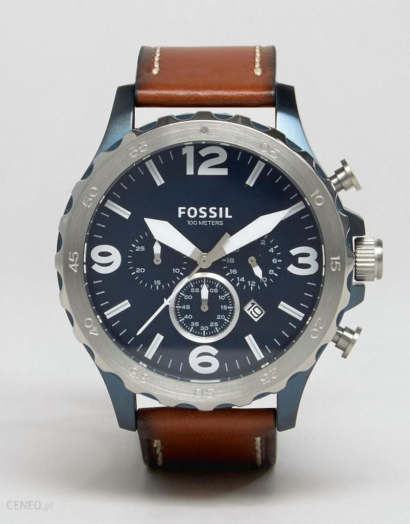 Fossil Nate Chronograph Navy Blue Dial Brown Leather Strap Watch for Men - JR1504
