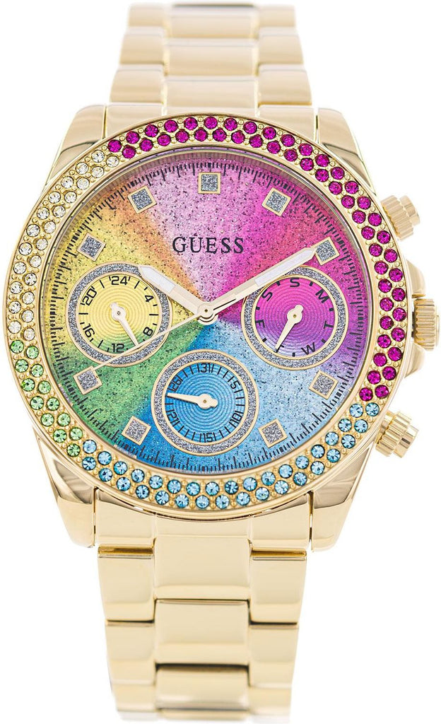 Guess Confetti Chronograph Rainbow Dial Gold Steel Strap Watch For Women - GW0483L4