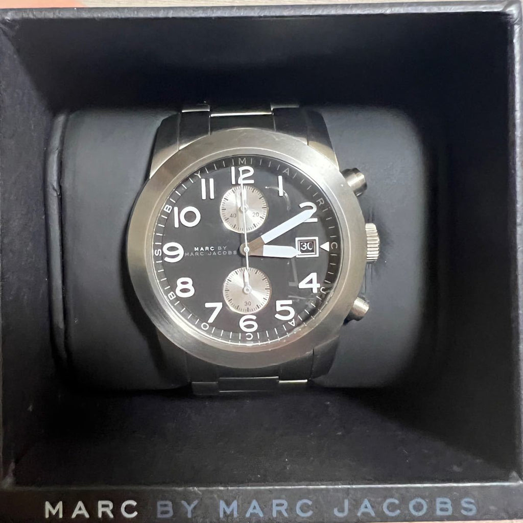 Marc Jacobs Larry Chronograph Black Dial Silver Steel Strap Watch for Men - MBM5050