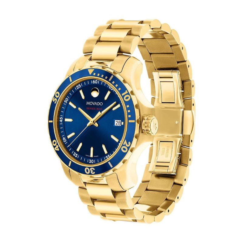 Movado Series 800 Blue Dial Gold Steel Strap Watch For Men - 2600144