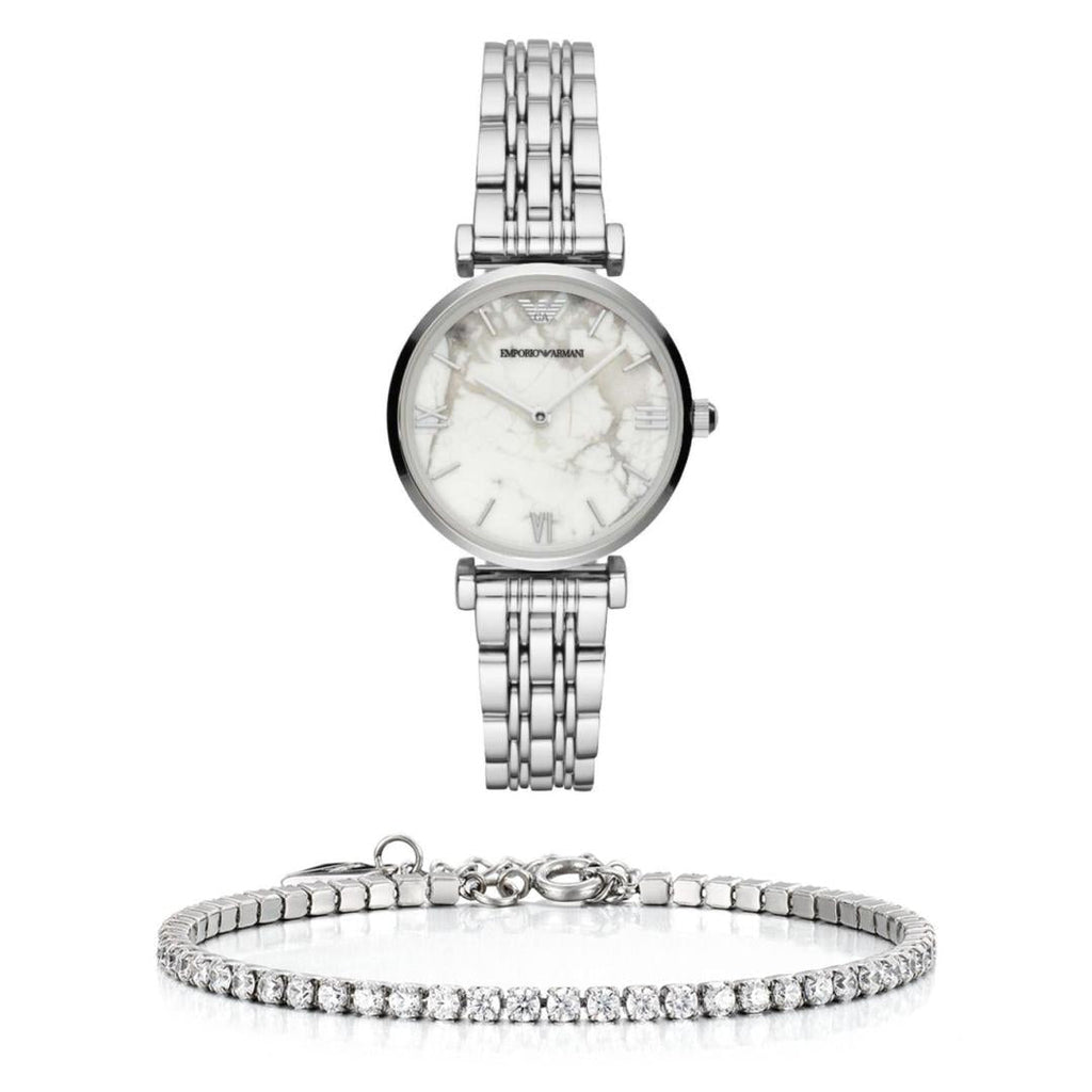 Emporio Armani Gianni T Bar White Marble Dial Silver Steel Strap Watch For Women - AR11170