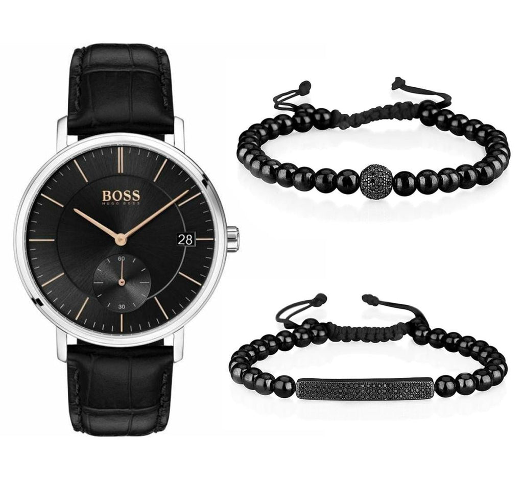 Hugo Boss Corporal Black Dial Black Leather Strap Watch for Men - 1513638