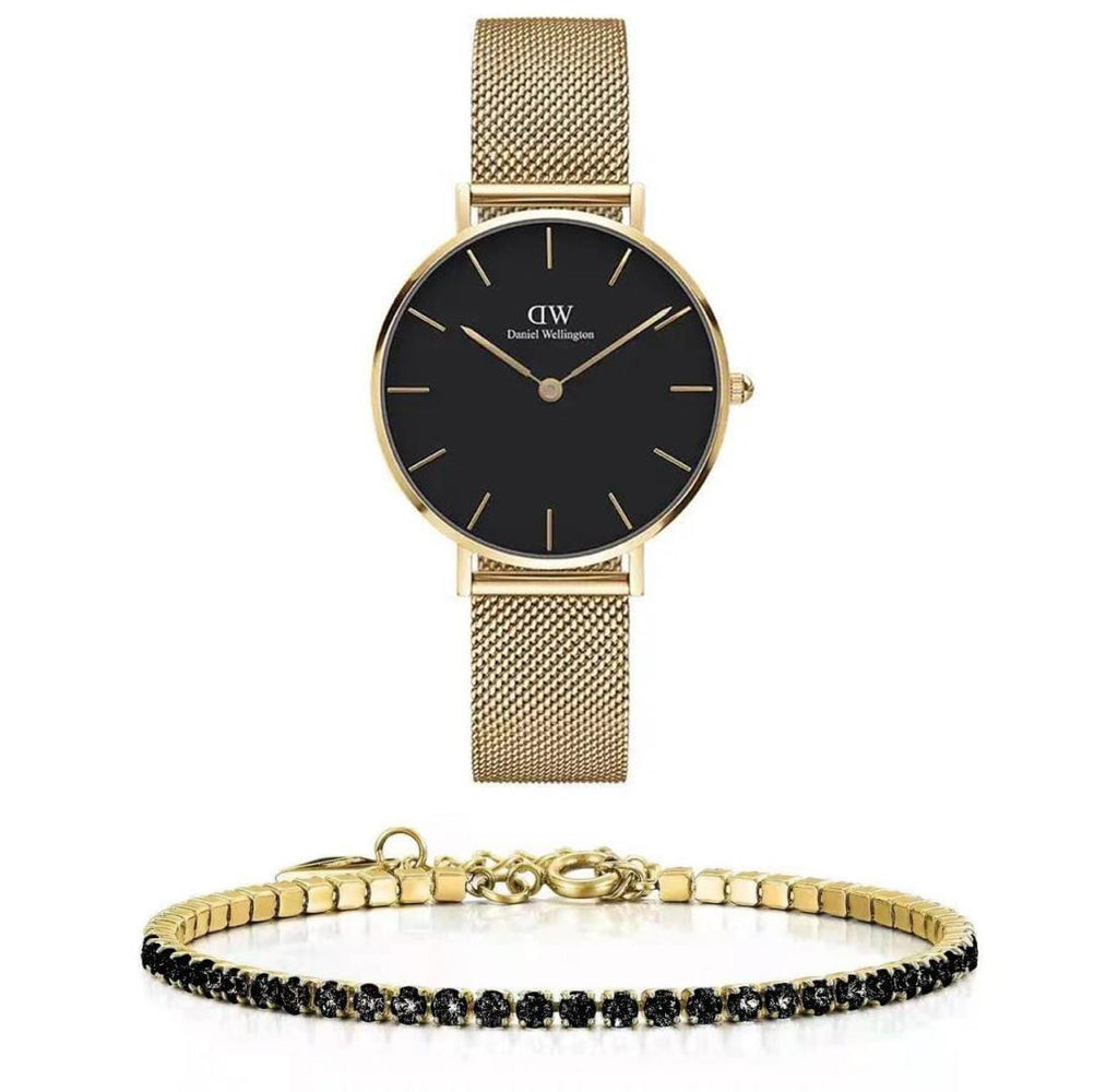 Daniel Wellington Classic Petite Black Dial Gold Mesh Bracelet Watch For Women - DW00100347