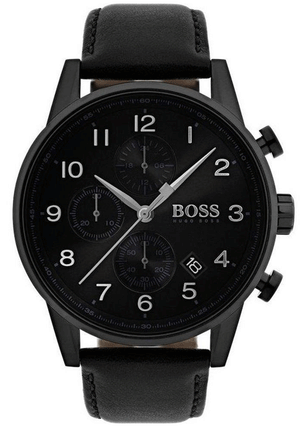 Hugo Boss Navigator Black Dial Black Leather Strap Watch for Men - 1513497