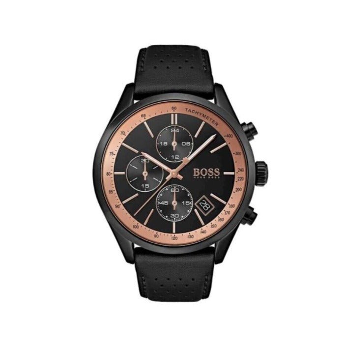 Hugo Boss Grand Prix Chronograph Black Dial Black Leather Strap Watch for Men - 1513550