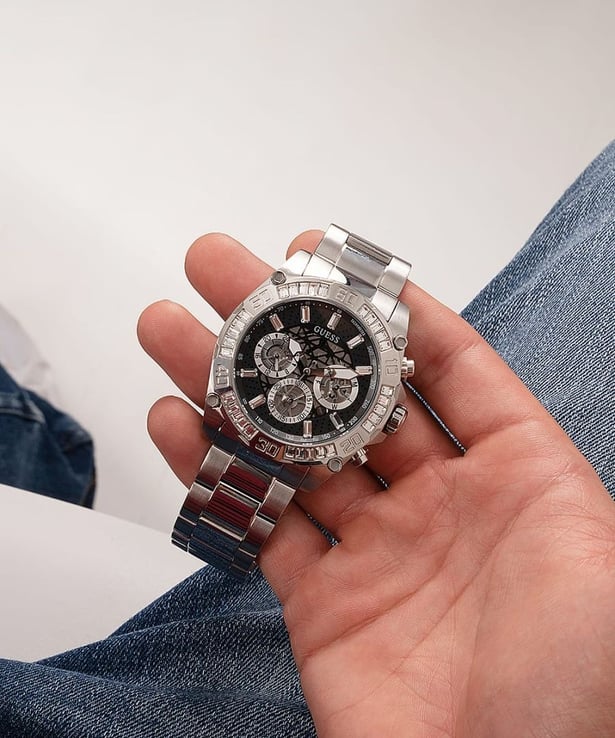 Guess Trophy Chronograph Diamonds Black Dial Silver Steel Strap Watch for Men - GW0390G1