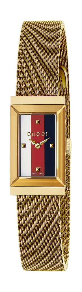 Gucci G Frame Quartz Diamonds White Red Blue Dial Gold Mesh Bracelet Watch For Women - YA147511
