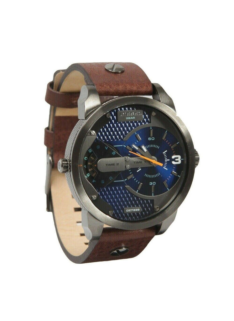 Diesel Mini Daddy Analog Blue Dial Brown Leather Strap Watch For Men - DZ7339