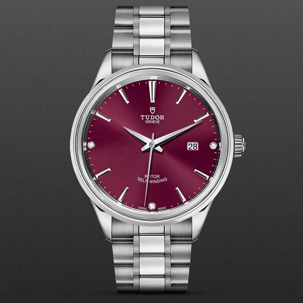 Tudor Style Automatic Burgundy Red Dial Silver Steel Strap Watch for Men - M12710-0015