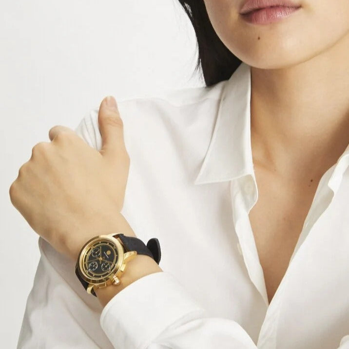 Tory Burch The Tory Chronograph Black Dial Black Leather Strap Watch for Women - TBW1055
