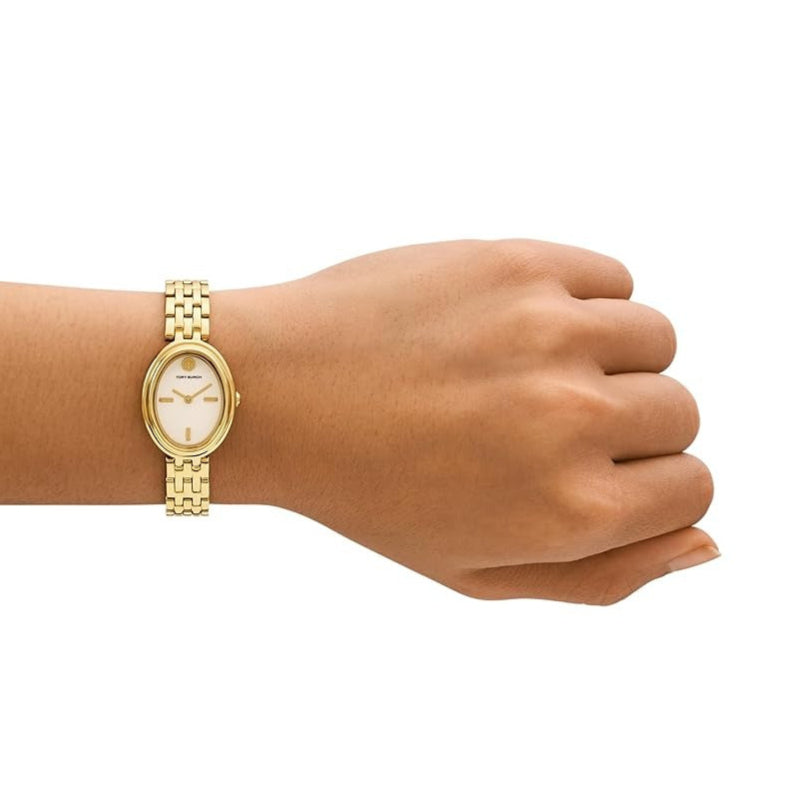 Tory Burch Oval White Dial Gold Steel Strap Watch for Women - TBW6032