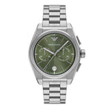 Emporio Armani Federico Chronograph Green Dial Silver Steel Strap Watch for Men - AR11640