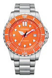 Citizen Mechanical Automatic Orange Dial Silver Steel Strap Watch for Men - NJ0128-80X
