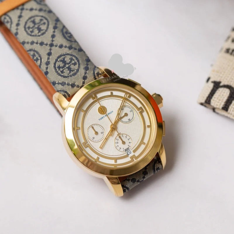 Tory Burch Classic Chronograph White Dial Grey Nylon Strap Watch for Women - TBW1035