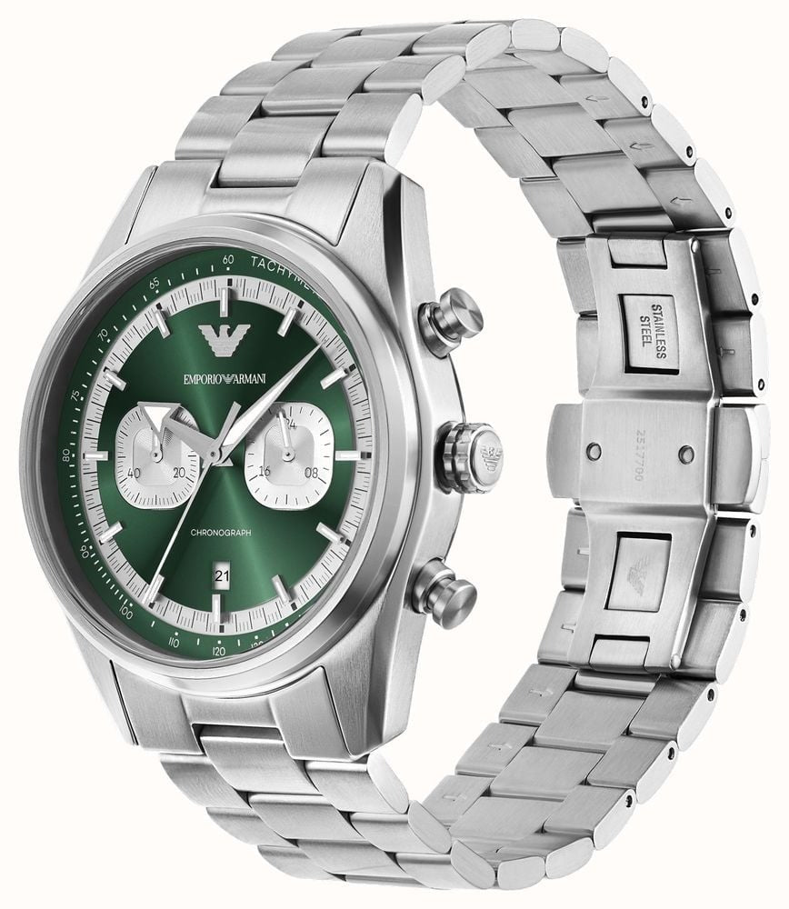 Emporio Armani Racer Chronograph Green Dial Silver Steel Strap Watch for Men - AR11637