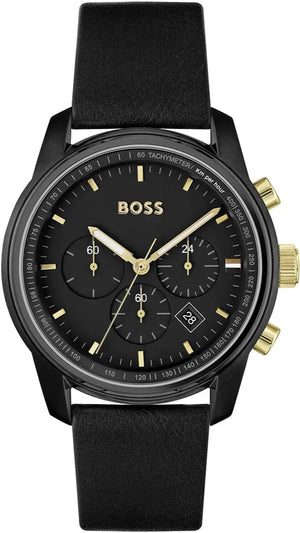 Hugo Boss Trace Chronograph Black Dial Black Leather Strap Watch for Men - 1514003