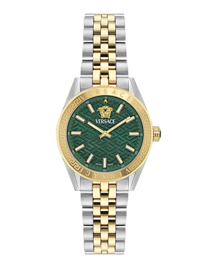 Versace V-Code Analog Green Dial Two Tone Steel Strap Watch for Women - VE8I00424