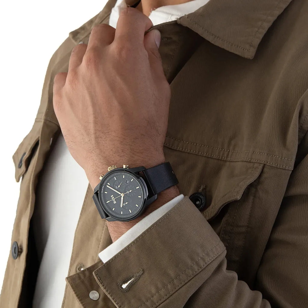 Hugo Boss Trace Chronograph Black Dial Black Leather Strap Watch for Men - 1514003