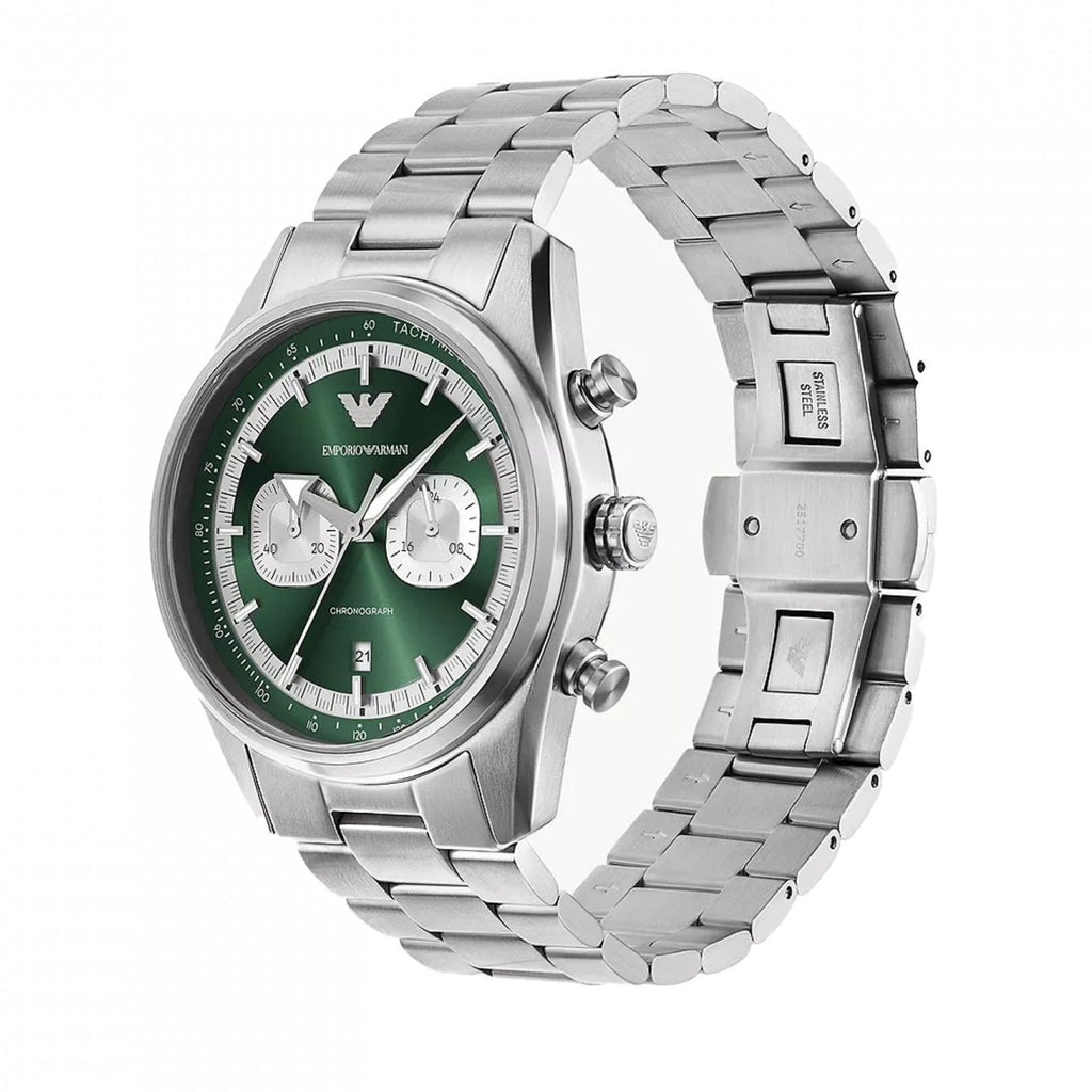 Emporio Armani Racer Chronograph Green Dial Silver Steel Strap Watch for Men - AR11637