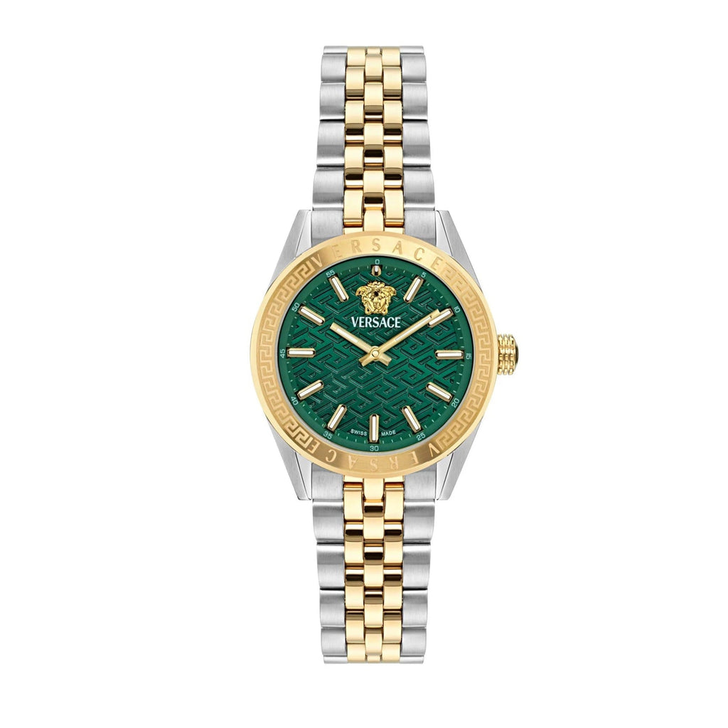 Versace V-Code Analog Green Dial Two Tone Steel Strap Watch for Women - VE8I00424