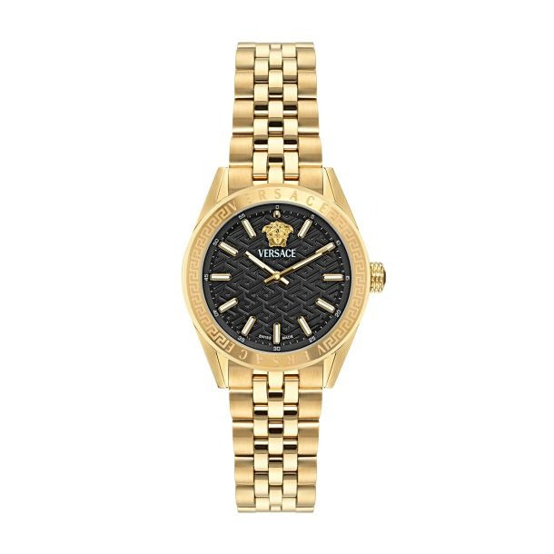Versace V-Code Quartz Black Dial Gold Steel Strap Watch for Women - VE8I00724