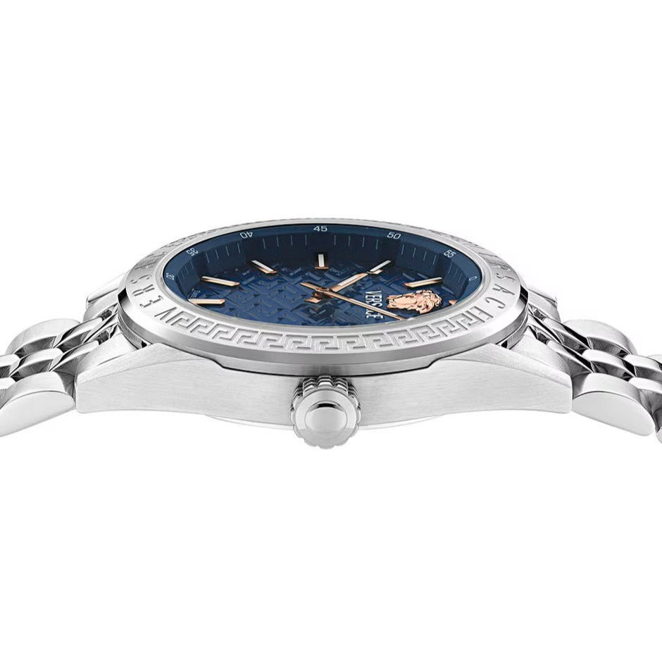 Versace V-Code Analog Blue Dial Silver Steel Strap Watch for Women - VE8I00324