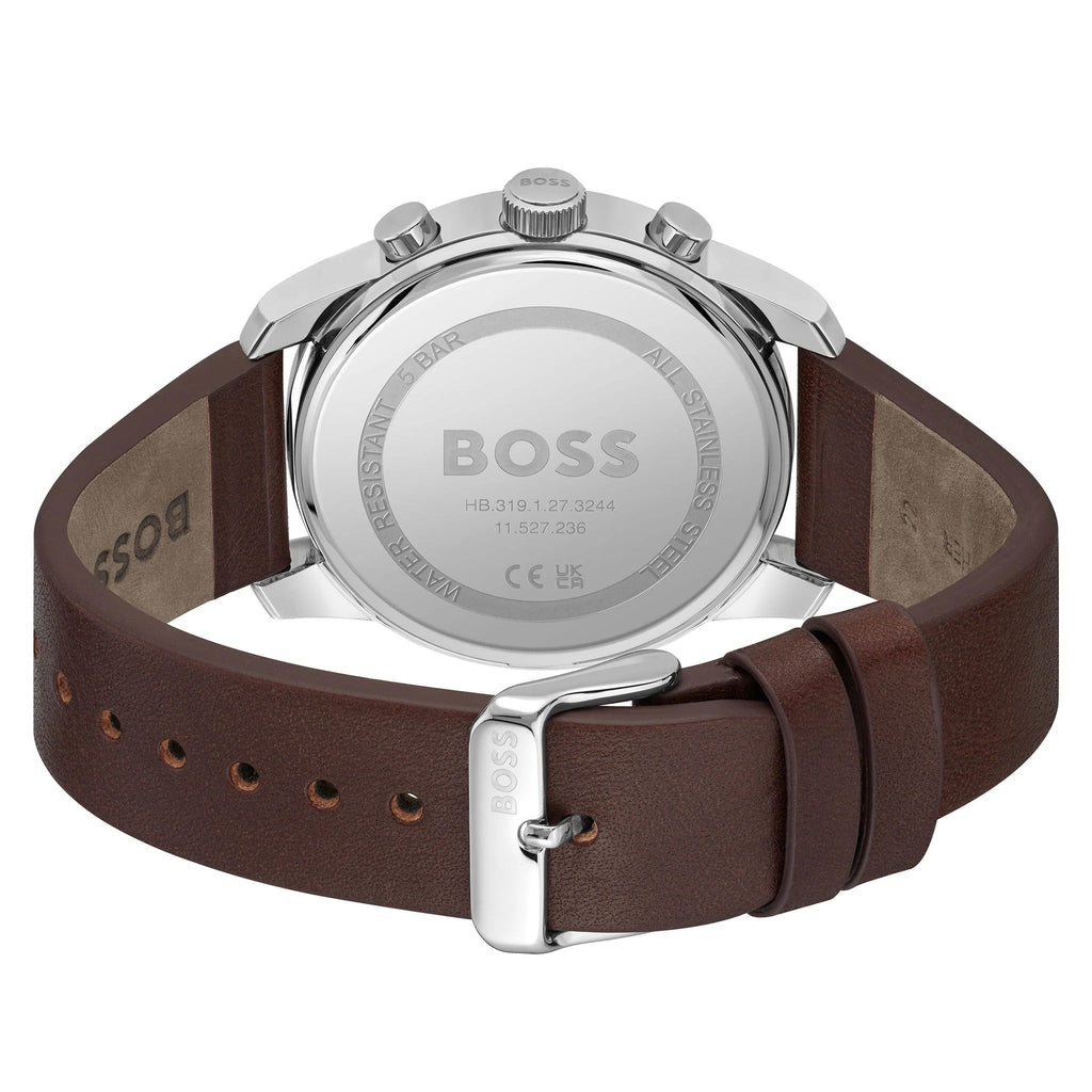 Hugo Boss Trace Chronograph Blue Dial Brown Leather Strap Watch for Men - 1514002