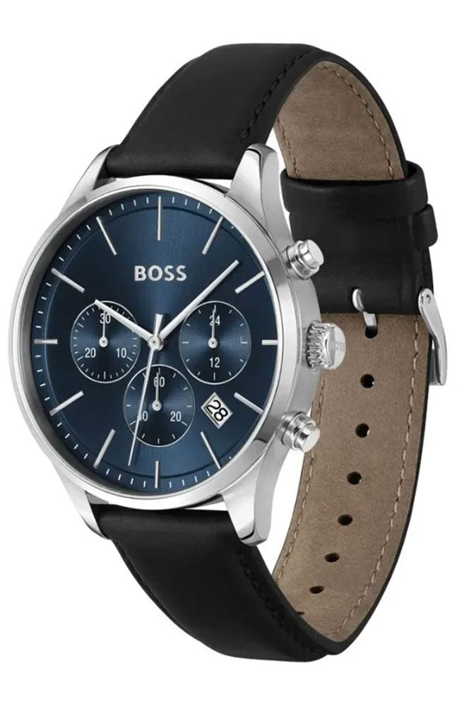 Hugo Boss Avery Chronograph Blue Dial Black Leather Strap Watch for Men - 1514156