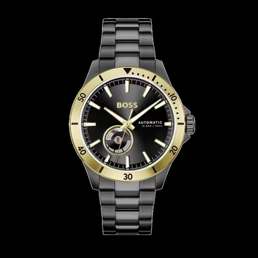 Hugo Boss Troper Chronograph Automatic Black Dial Black Steel Strap Watch for Men - 1514203