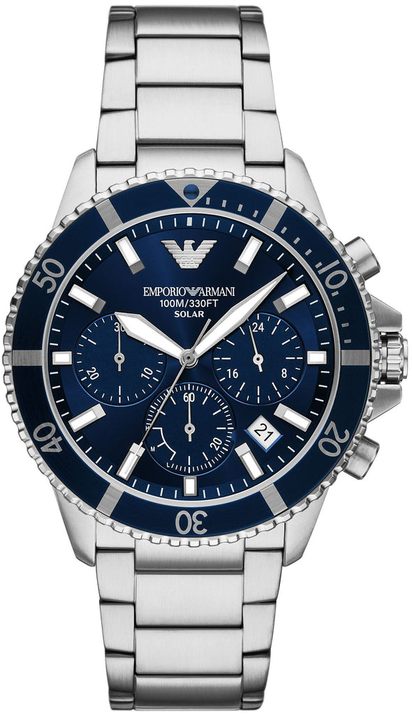 Emporio Armani World Explorer Chronograph Blue Dial Silver Steel Strap Watch for Men - AR11681