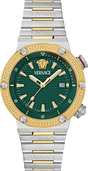 Versace Greca Logo Diver Quartz Green Dial Two Tone Steel Strap Watch for Men - VE8G00524