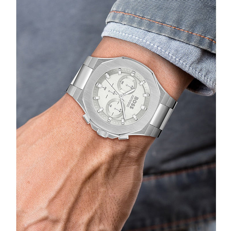 Hugo Boss Taper Chronograph White Dial Silver Steel Strap Watch for Men - 1514087