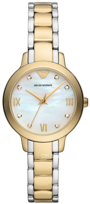 Emporio Armani Cleo Three Hand Mother of Pearl Dial Two Tone Steel Strap Watch for Women - AR11513