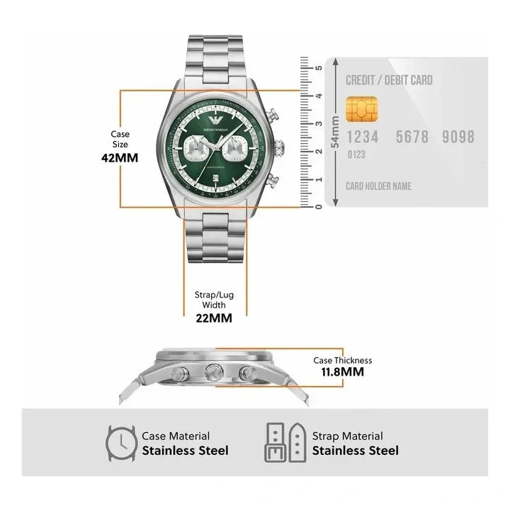 Emporio Armani Racer Chronograph Green Dial Silver Steel Strap Watch for Men - AR11637
