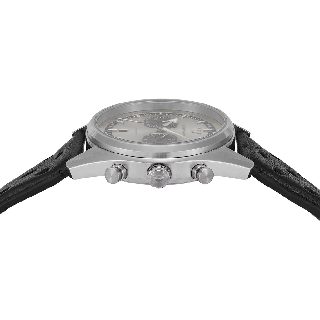 Emporio Armani Racer Chronograph Silver Dial Black Leather Strap Watch for Men - AR11677