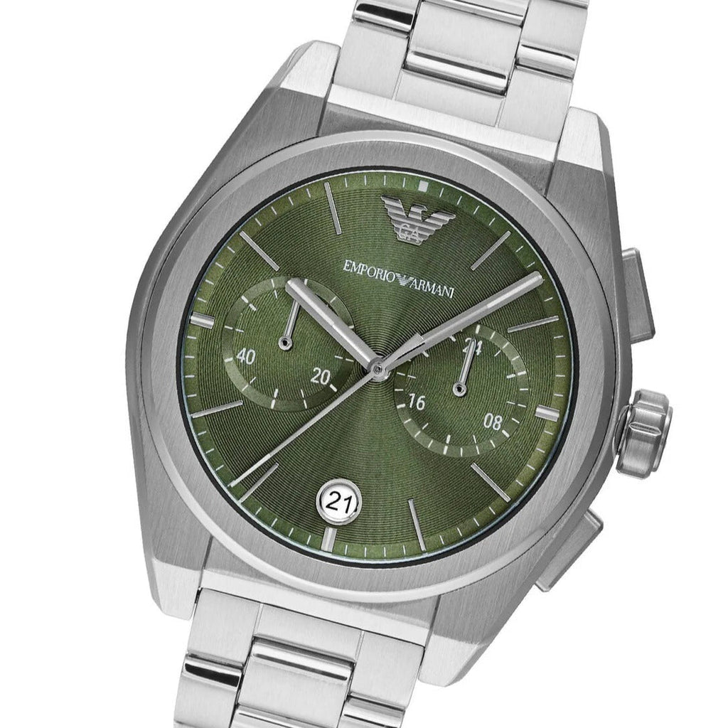 Emporio Armani Federico Chronograph Green Dial Silver Steel Strap Watch for Men - AR11640